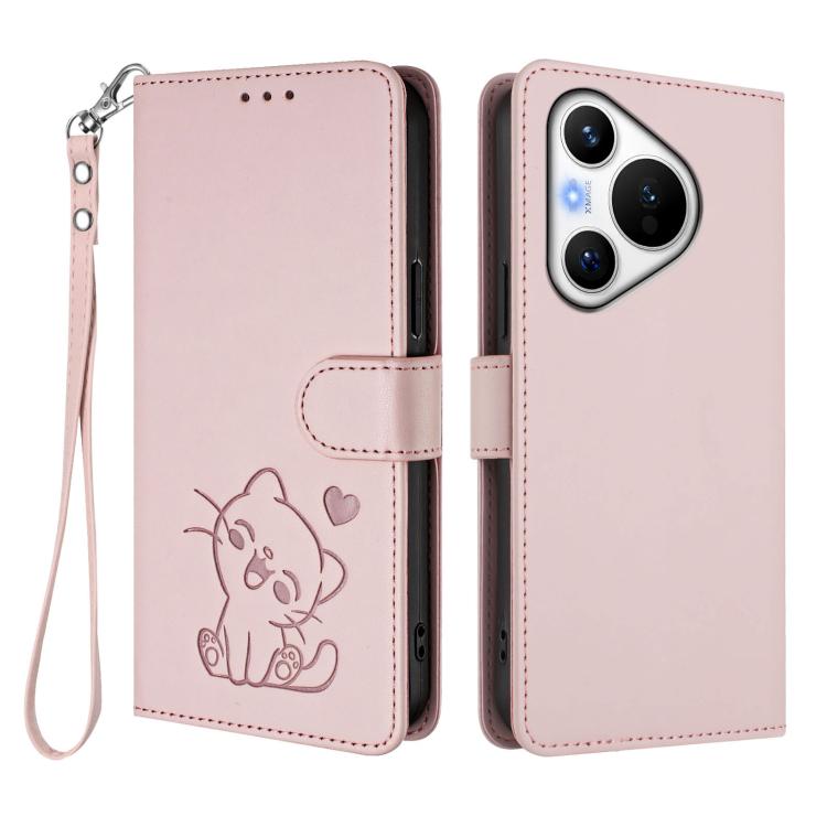 For Huawei Pura 70 Embossed Heart Cat Leather Phone Case with Hand Strap