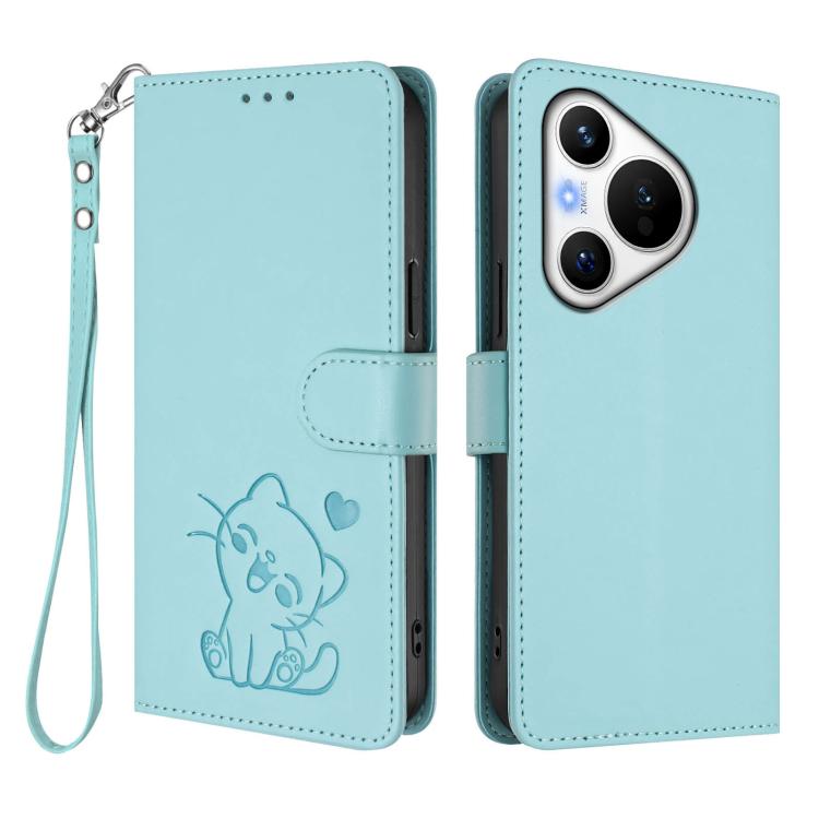 For Huawei Pura 70 Embossed Heart Cat Leather Phone Case with Hand Strap