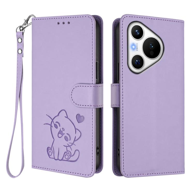 For Huawei Pura 70 Embossed Heart Cat Leather Phone Case with Hand Strap