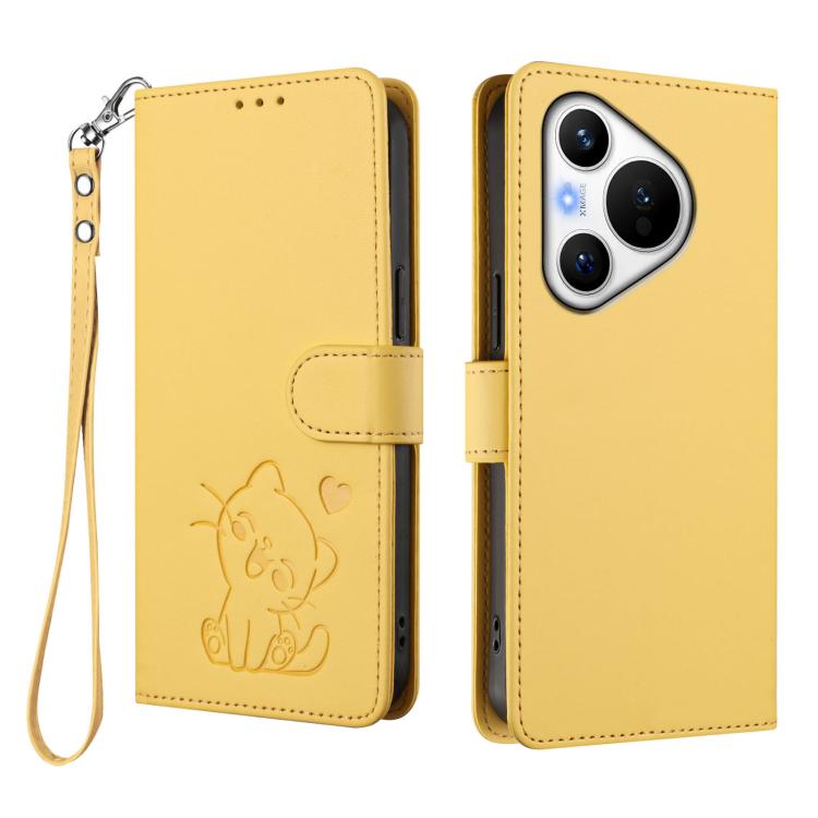 For Huawei Pura 70 Embossed Heart Cat Leather Phone Case with Hand Strap