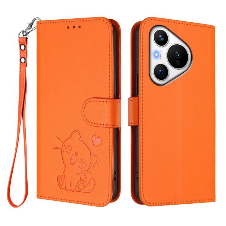 For Huawei Pura 70 Embossed Heart Cat Leather Phone Case with Hand Strap