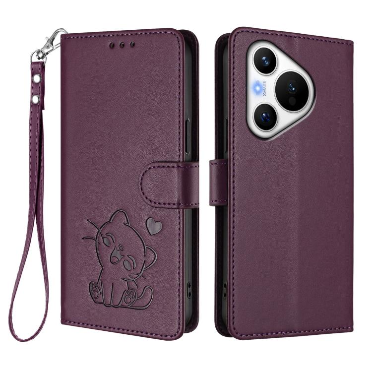 For Huawei Pura 70 Embossed Heart Cat Leather Phone Case with Hand Strap