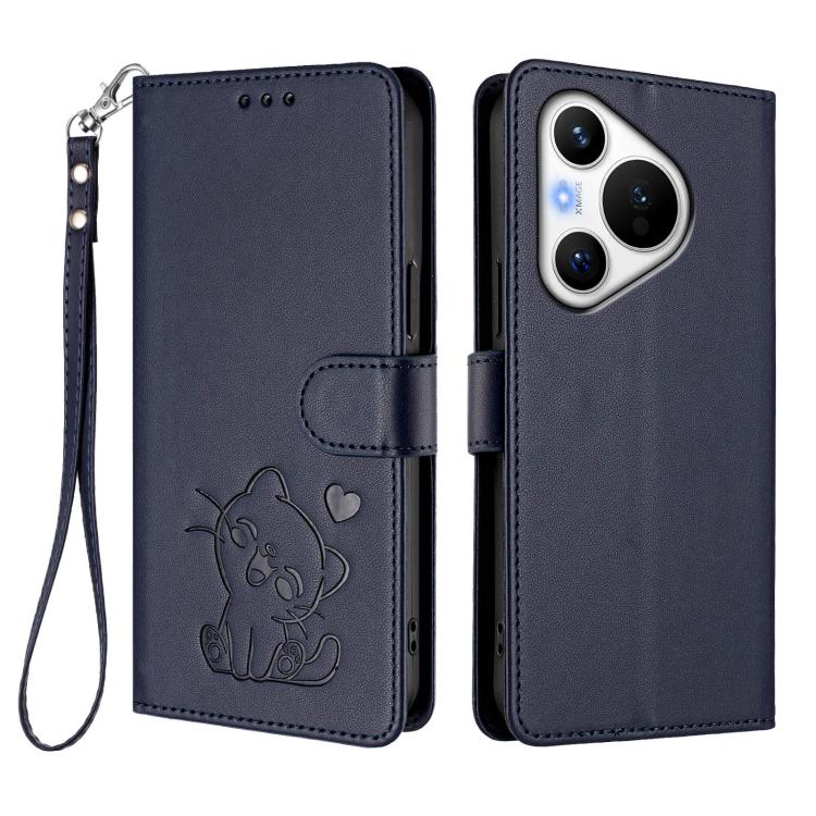 For Huawei Pura 70 Embossed Heart Cat Leather Phone Case with Hand Strap