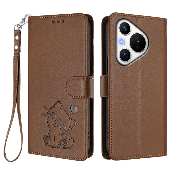 For Huawei Pura 70 Embossed Heart Cat Leather Phone Case with Hand Strap