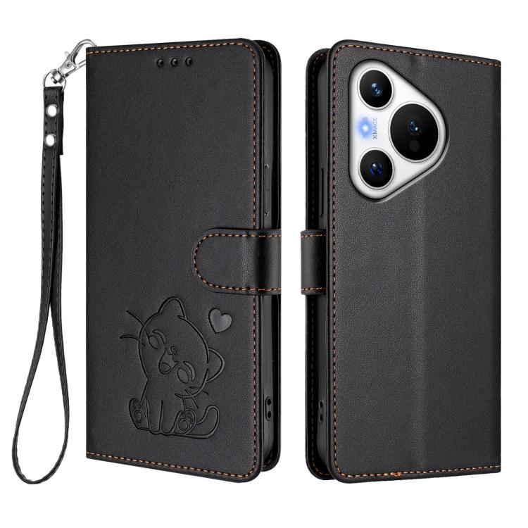 For Huawei Pura 70 Embossed Heart Cat Leather Phone Case with Hand Strap