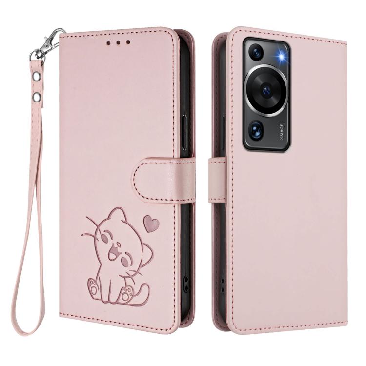 For Huawei P60 / P60 Pro Embossed Heart Cat Leather Phone Case with Hand Strap