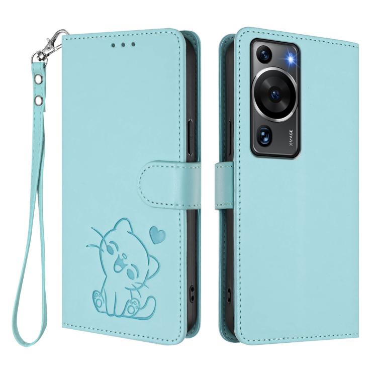 For Huawei P60 / P60 Pro Embossed Heart Cat Leather Phone Case with Hand Strap