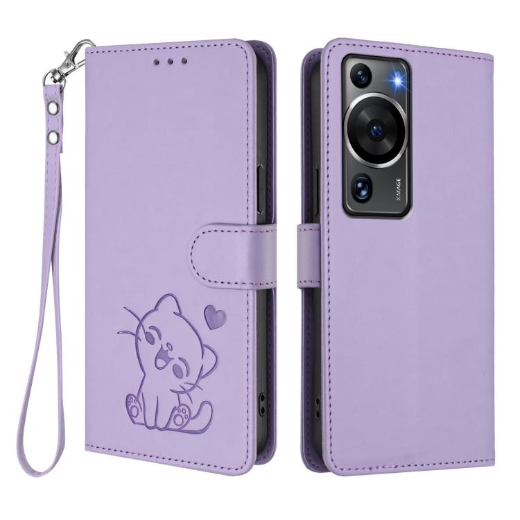 For Huawei P60 / P60 Pro Embossed Heart Cat Leather Phone Case with Hand Strap
