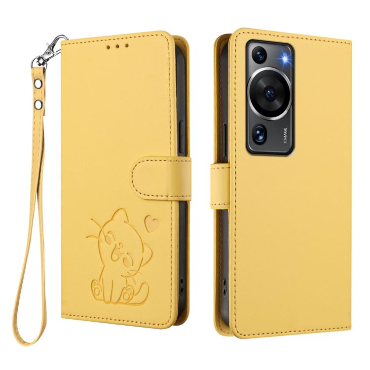 For Huawei P60 / P60 Pro Embossed Heart Cat Leather Phone Case with Hand Strap
