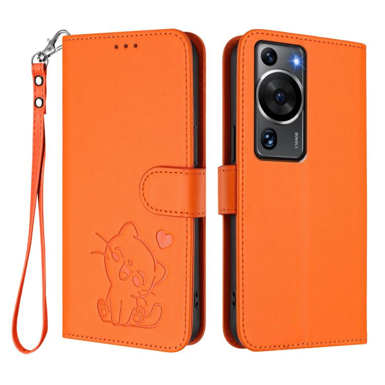 For Huawei P60 / P60 Pro Embossed Heart Cat Leather Phone Case with Hand Strap