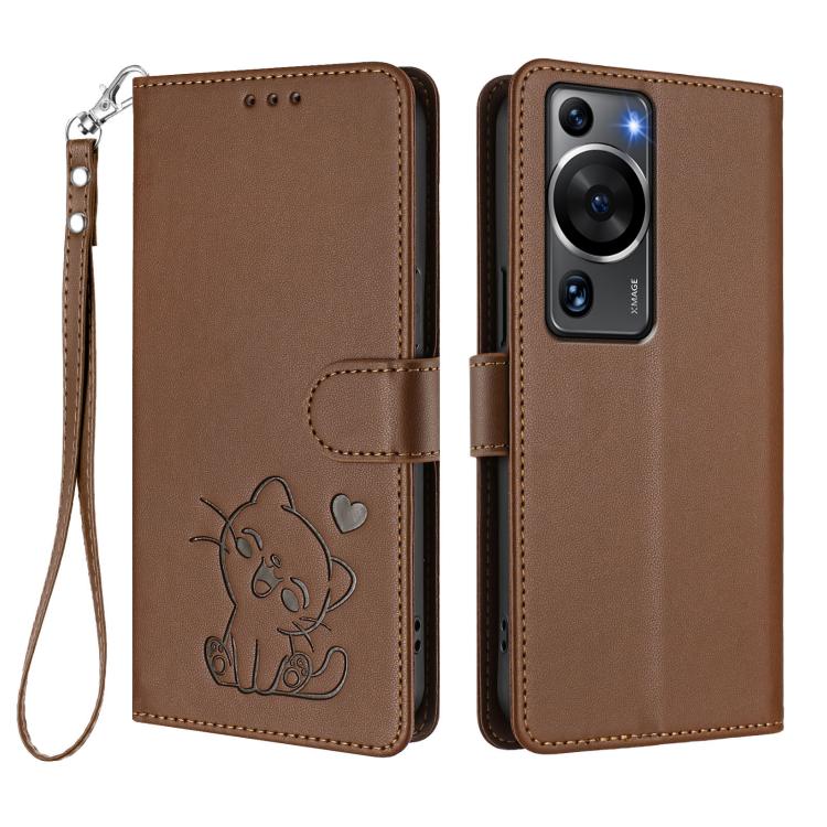For Huawei P60 / P60 Pro Embossed Heart Cat Leather Phone Case with Hand Strap