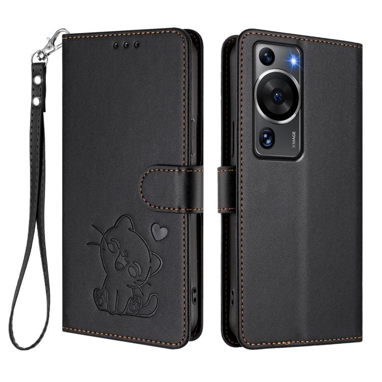For Huawei P60 / P60 Pro Embossed Heart Cat Leather Phone Case with Hand Strap