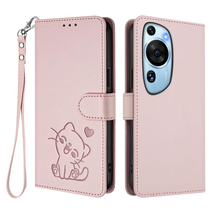 For Huawei P60 Art Embossed Heart Cat Leather Phone Case with Hand Strap
