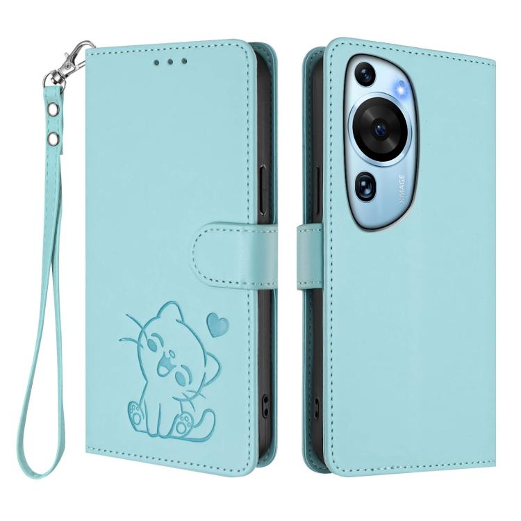 For Huawei P60 Art Embossed Heart Cat Leather Phone Case with Hand Strap
