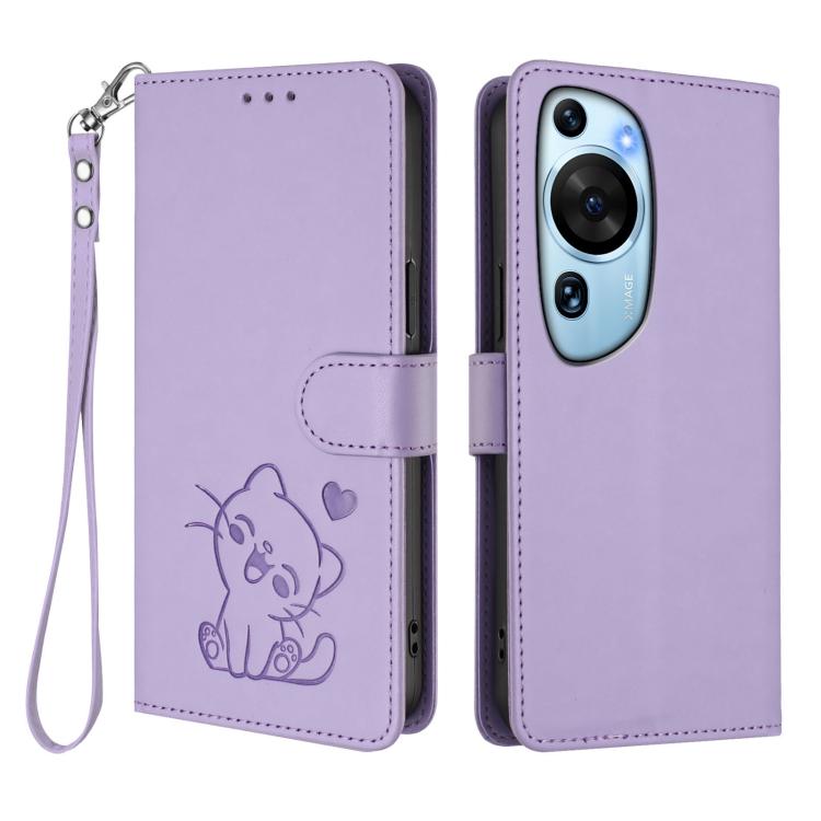 For Huawei P60 Art Embossed Heart Cat Leather Phone Case with Hand Strap