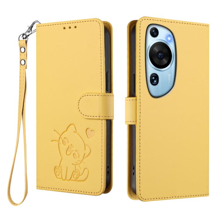 For Huawei P60 Art Embossed Heart Cat Leather Phone Case with Hand Strap