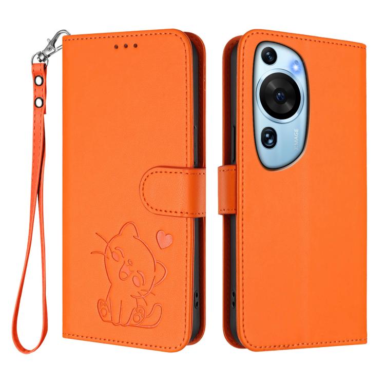 For Huawei P60 Art Embossed Heart Cat Leather Phone Case with Hand Strap