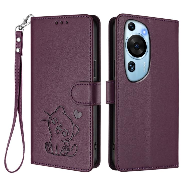 For Huawei P60 Art Embossed Heart Cat Leather Phone Case with Hand Strap