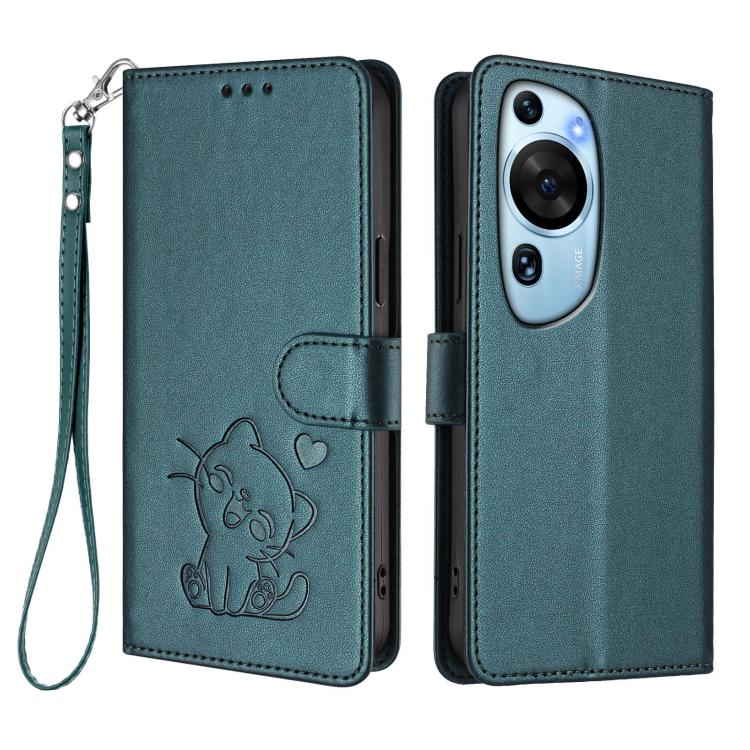 For Huawei P60 Art Embossed Heart Cat Leather Phone Case with Hand Strap