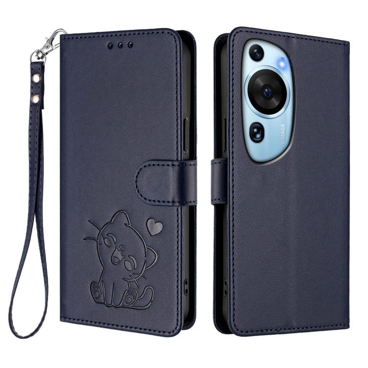 For Huawei P60 Art Embossed Heart Cat Leather Phone Case with Hand Strap