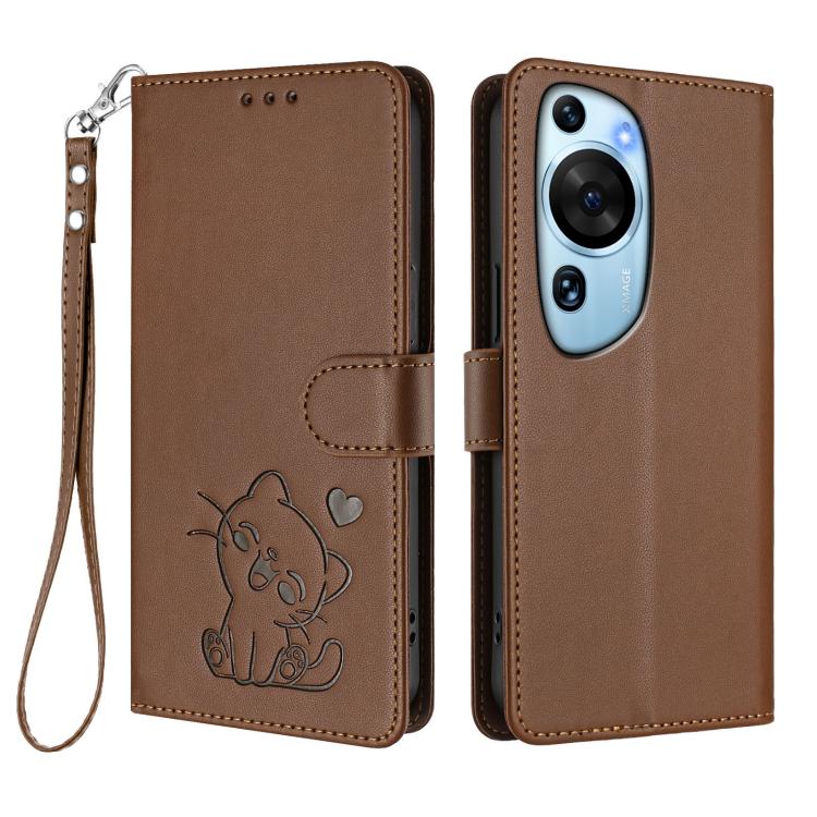 For Huawei P60 Art Embossed Heart Cat Leather Phone Case with Hand Strap