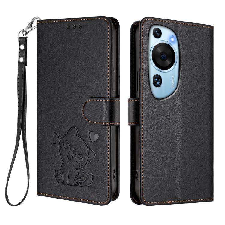 For Huawei P60 Art Embossed Heart Cat Leather Phone Case with Hand Strap