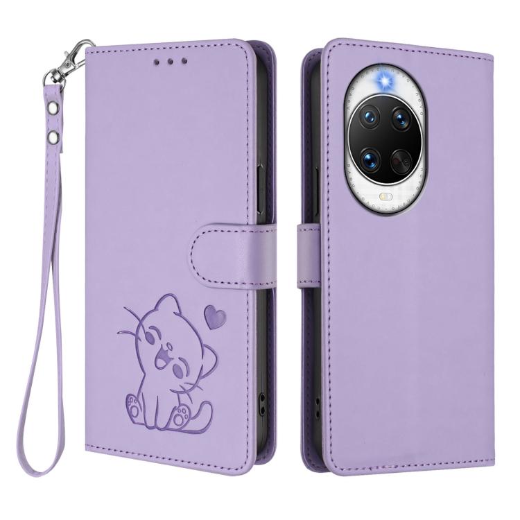 For Huawei nova 14 Ultra Embossed Heart Cat Leather Phone Case with Hand Strap