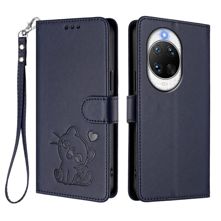 For Huawei nova 14 Ultra Embossed Heart Cat Leather Phone Case with Hand Strap