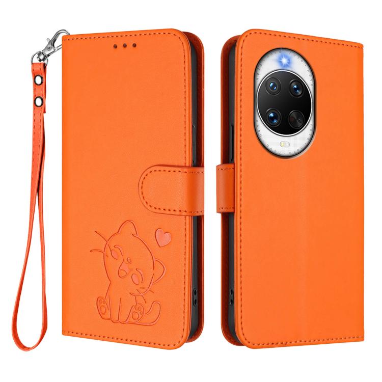 For Huawei nova 14 Pro Embossed Heart Cat Leather Phone Case with Hand Strap