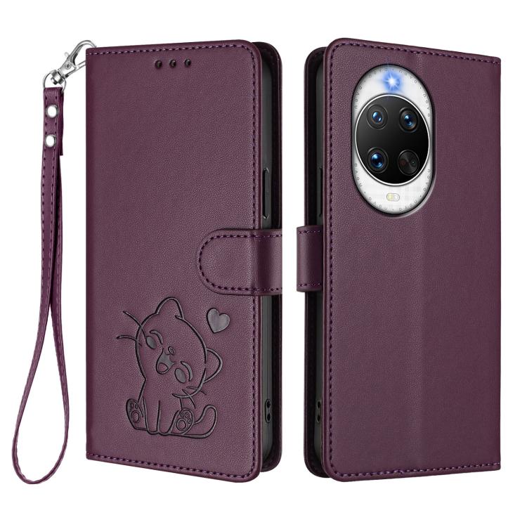 For Huawei nova 14 Pro Embossed Heart Cat Leather Phone Case with Hand Strap