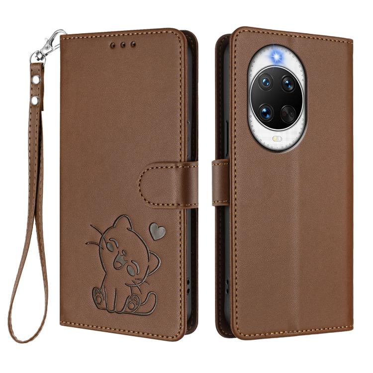 For Huawei nova 14 Pro Embossed Heart Cat Leather Phone Case with Hand Strap
