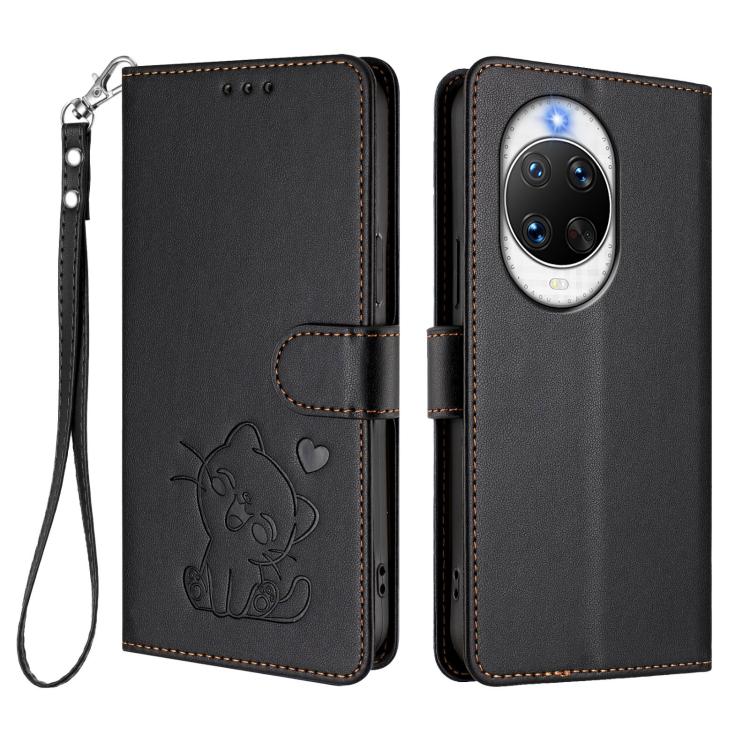 For Huawei nova 14 Pro Embossed Heart Cat Leather Phone Case with Hand Strap