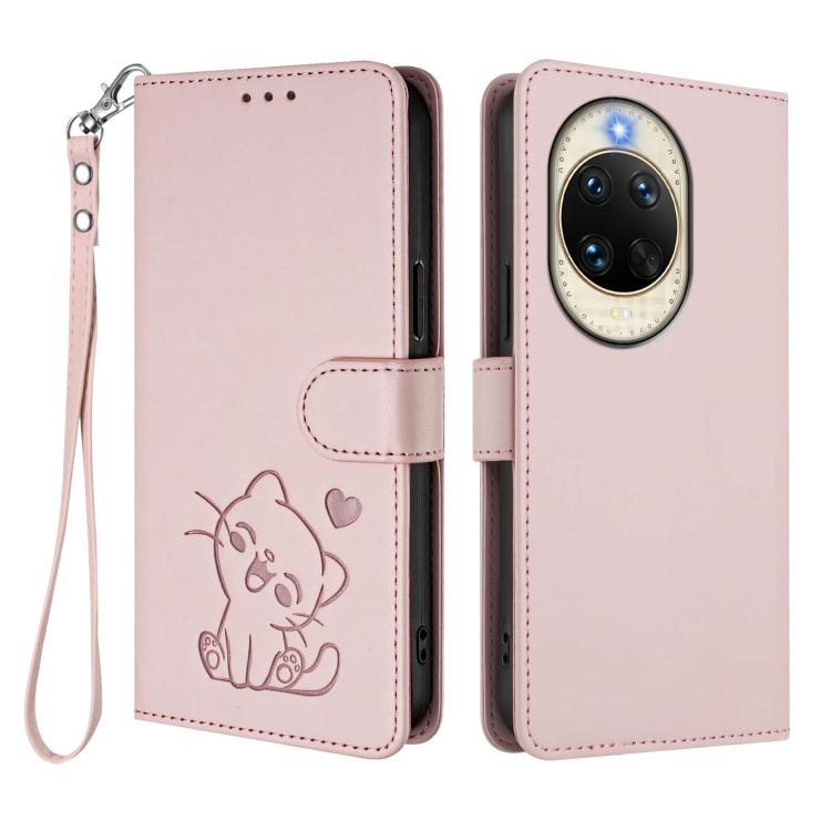 For Huawei nova 14 Embossed Heart Cat Leather Phone Case with Hand Strap