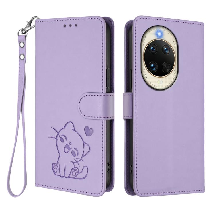 For Huawei nova 14 Embossed Heart Cat Leather Phone Case with Hand Strap