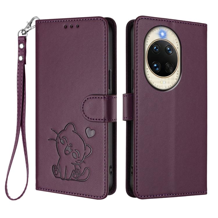 For Huawei nova 14 Embossed Heart Cat Leather Phone Case with Hand Strap