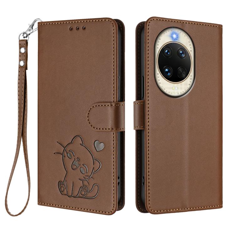For Huawei nova 14 Embossed Heart Cat Leather Phone Case with Hand Strap