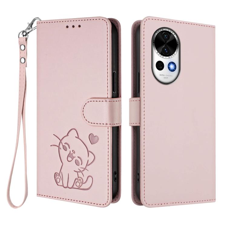 For Huawei nova 13 / nova 12 Embossed Heart Cat Leather Phone Case with Hand Strap