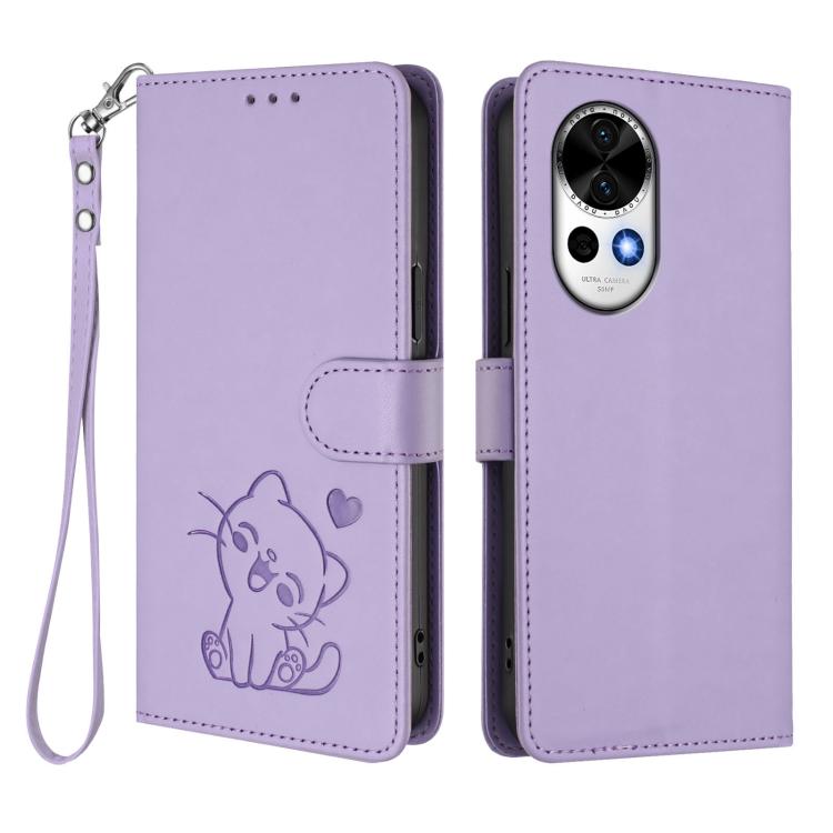 For Huawei nova 13 / nova 12 Embossed Heart Cat Leather Phone Case with Hand Strap