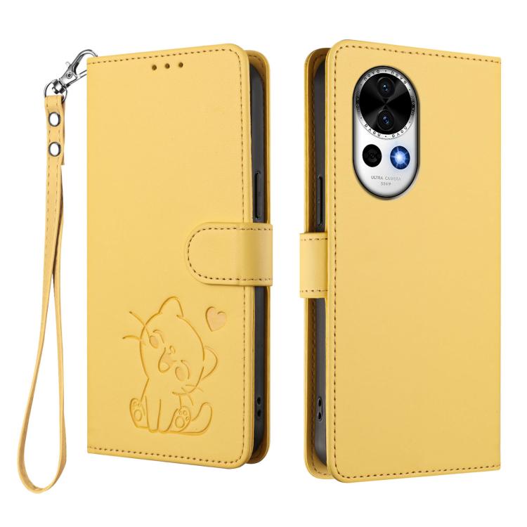 For Huawei nova 13 / nova 12 Embossed Heart Cat Leather Phone Case with Hand Strap