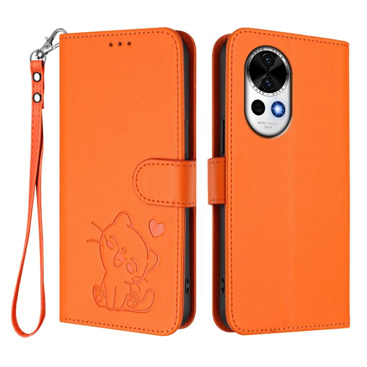 For Huawei nova 13 / nova 12 Embossed Heart Cat Leather Phone Case with Hand Strap
