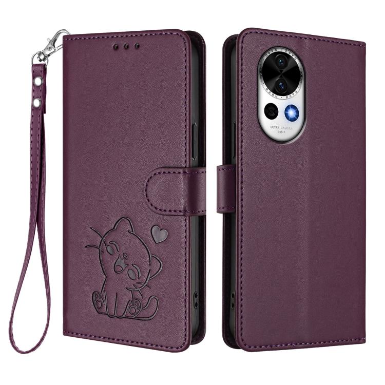 For Huawei nova 13 / nova 12 Embossed Heart Cat Leather Phone Case with Hand Strap