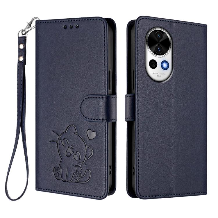 For Huawei nova 13 / nova 12 Embossed Heart Cat Leather Phone Case with Hand Strap