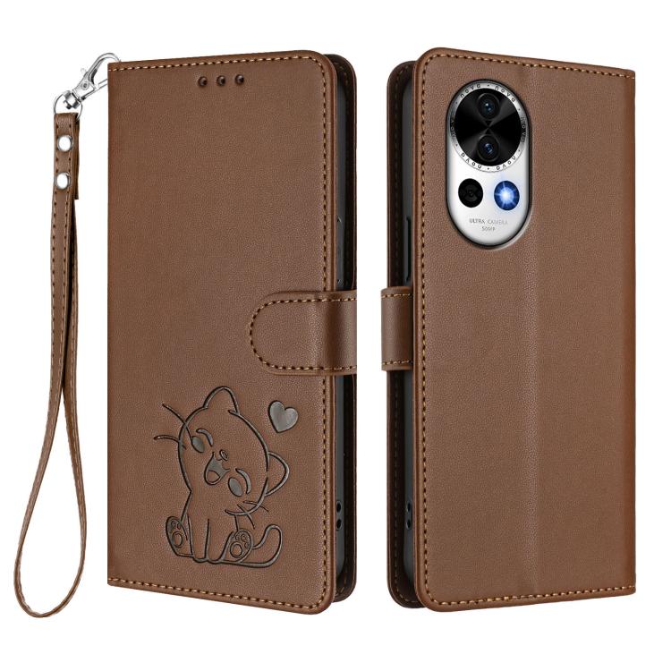 For Huawei nova 13 / nova 12 Embossed Heart Cat Leather Phone Case with Hand Strap