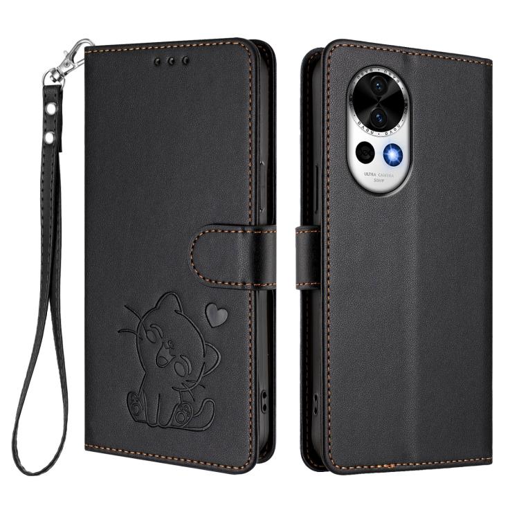 For Huawei nova 13 / nova 12 Embossed Heart Cat Leather Phone Case with Hand Strap
