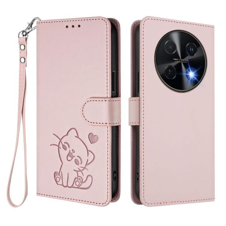 For Huawei nova 13i / nova 12i Global Embossed Heart Cat Leather Phone Case with Hand Strap