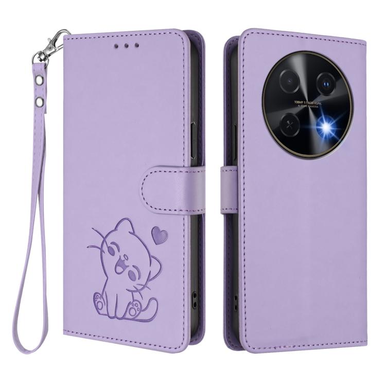 For Huawei nova 13i / nova 12i Global Embossed Heart Cat Leather Phone Case with Hand Strap