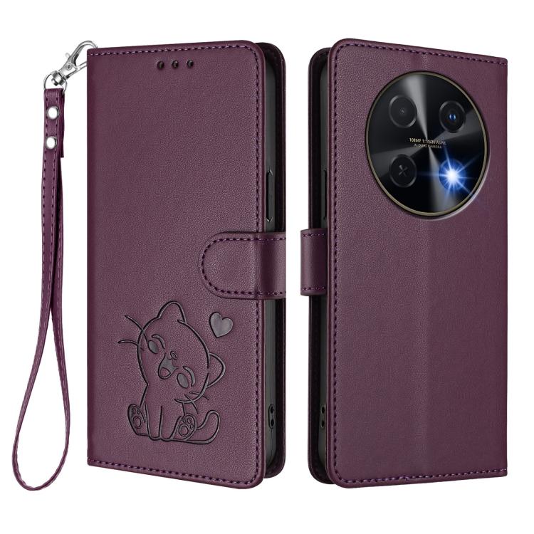 For Huawei nova 13i / nova 12i Global Embossed Heart Cat Leather Phone Case with Hand Strap