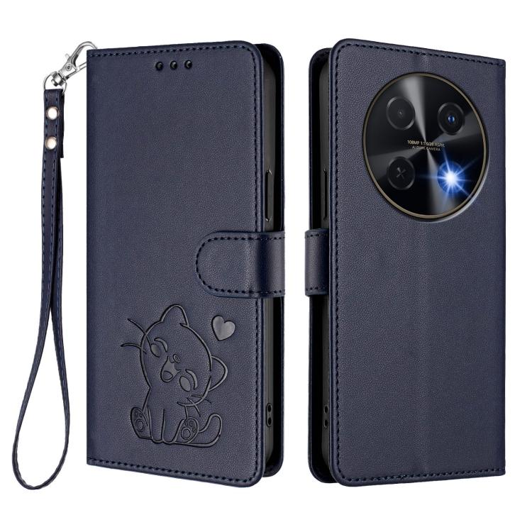 For Huawei nova 13i / nova 12i Global Embossed Heart Cat Leather Phone Case with Hand Strap