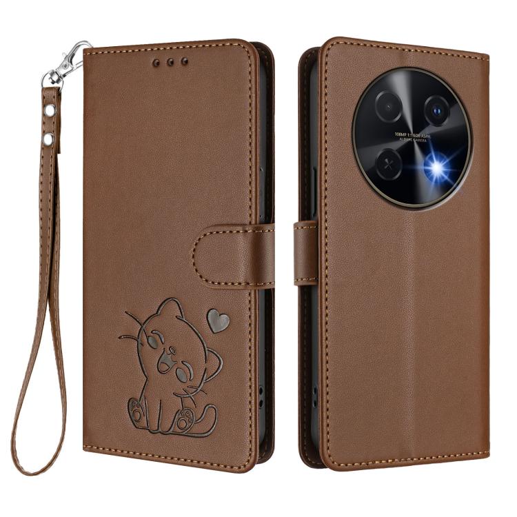 For Huawei nova 13i / nova 12i Global Embossed Heart Cat Leather Phone Case with Hand Strap
