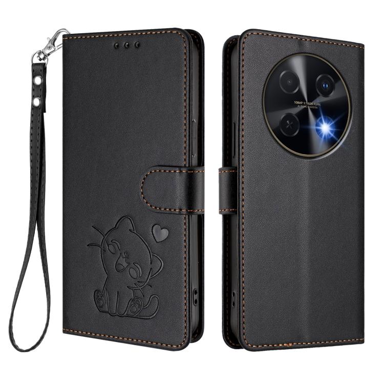 For Huawei nova 13i / nova 12i Global Embossed Heart Cat Leather Phone Case with Hand Strap